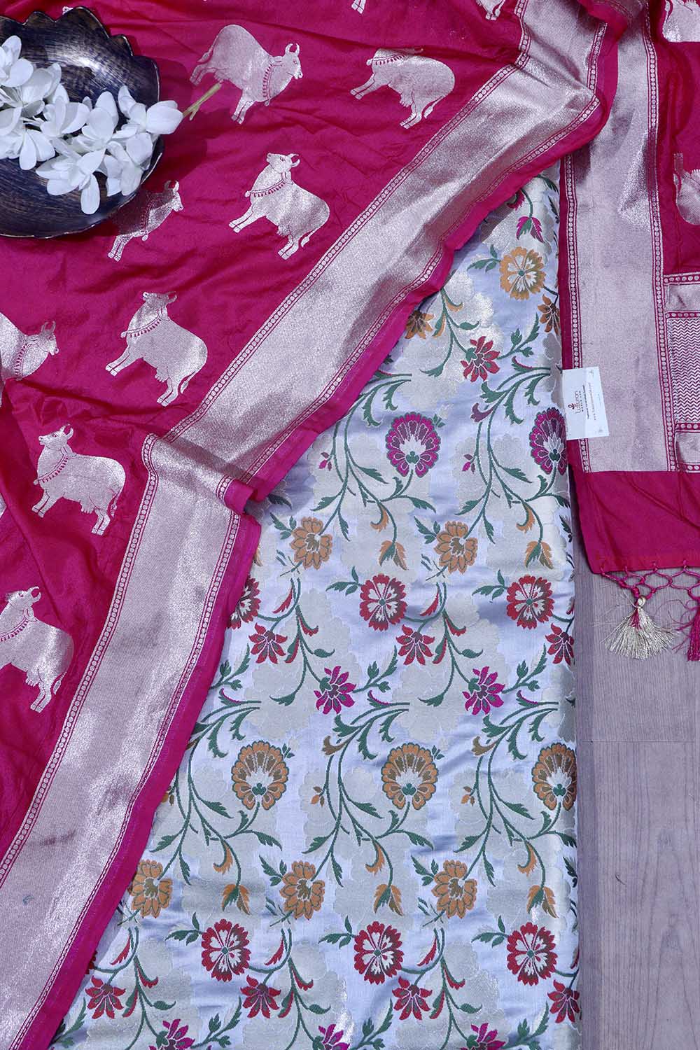 Grey Banarasi KimKhwab Silk Meenakari Suit Pink Banarasi Silk Cow Design Dupatta - Luxurion World
