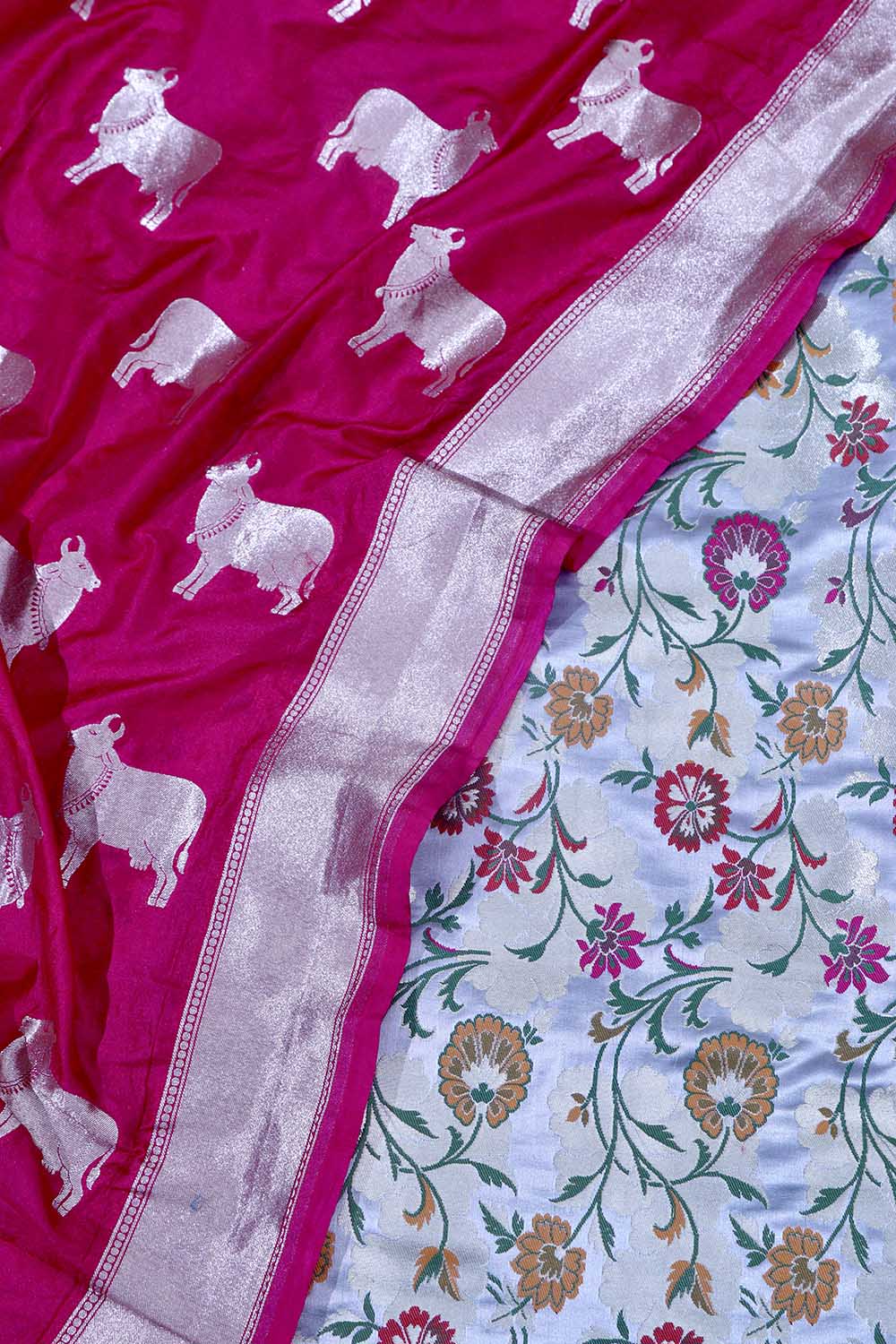 Grey Banarasi KimKhwab Silk Meenakari Suit Pink Banarasi Silk Cow Design Dupatta - Luxurion World
