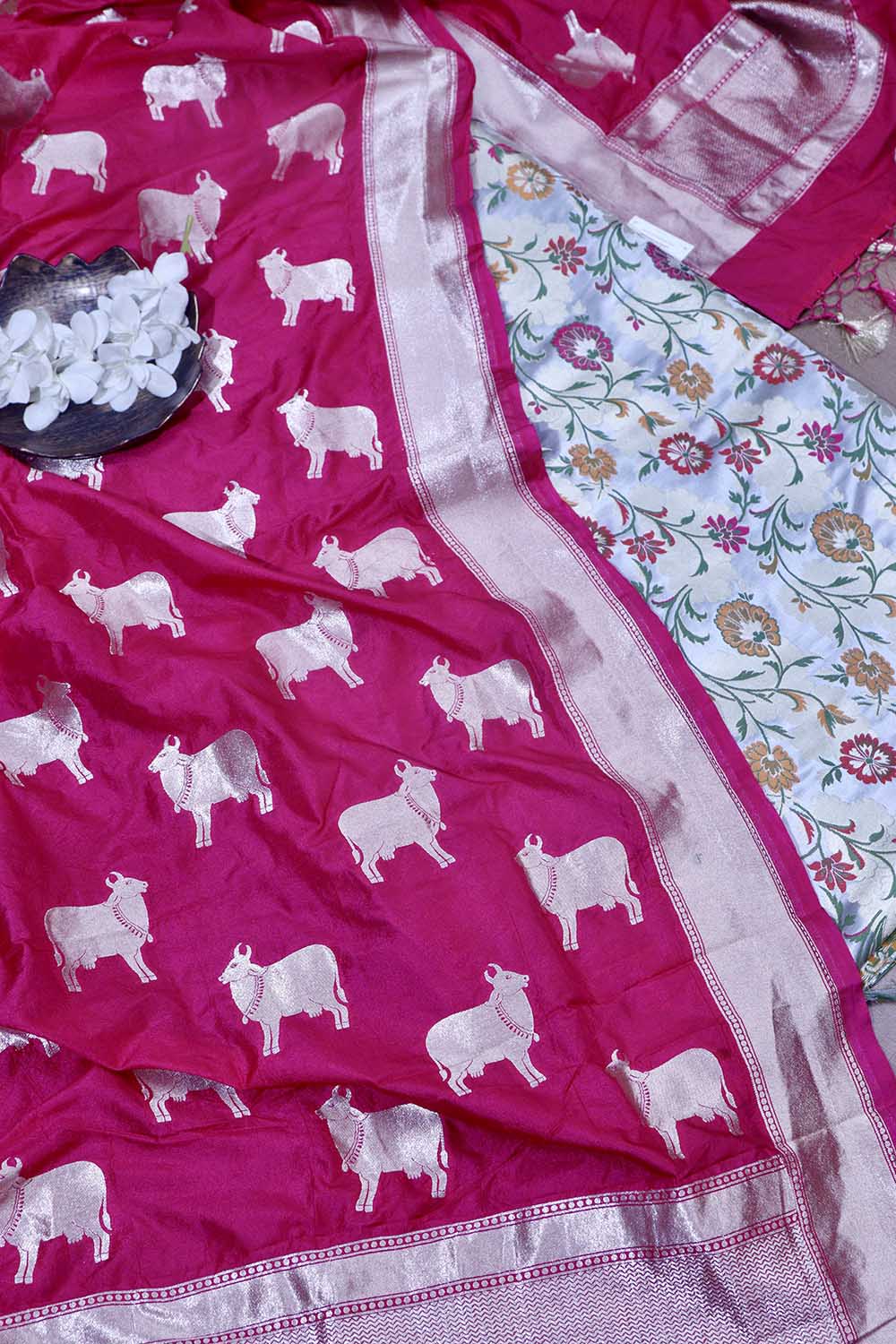 Grey Banarasi KimKhwab Silk Meenakari Suit Pink Banarasi Silk Cow Design Dupatta - Luxurion World