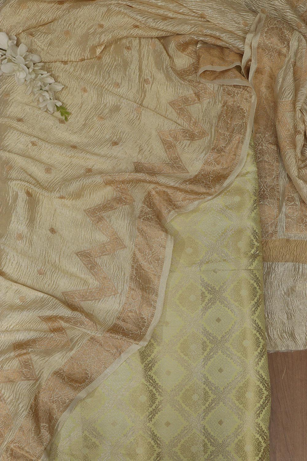 Yellow Banarasi Brocade Silk Suit With Dyeable Banarasi Handloom Pure Chiffon Crushed Booti Design Dupatta - Luxurion World
