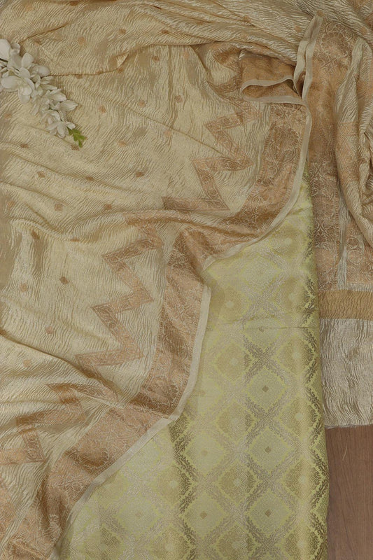 Yellow Banarasi Brocade Silk Suit With Dyeable Banarasi Handloom Pure Chiffon Crushed Booti Design Dupatta - Luxurion World