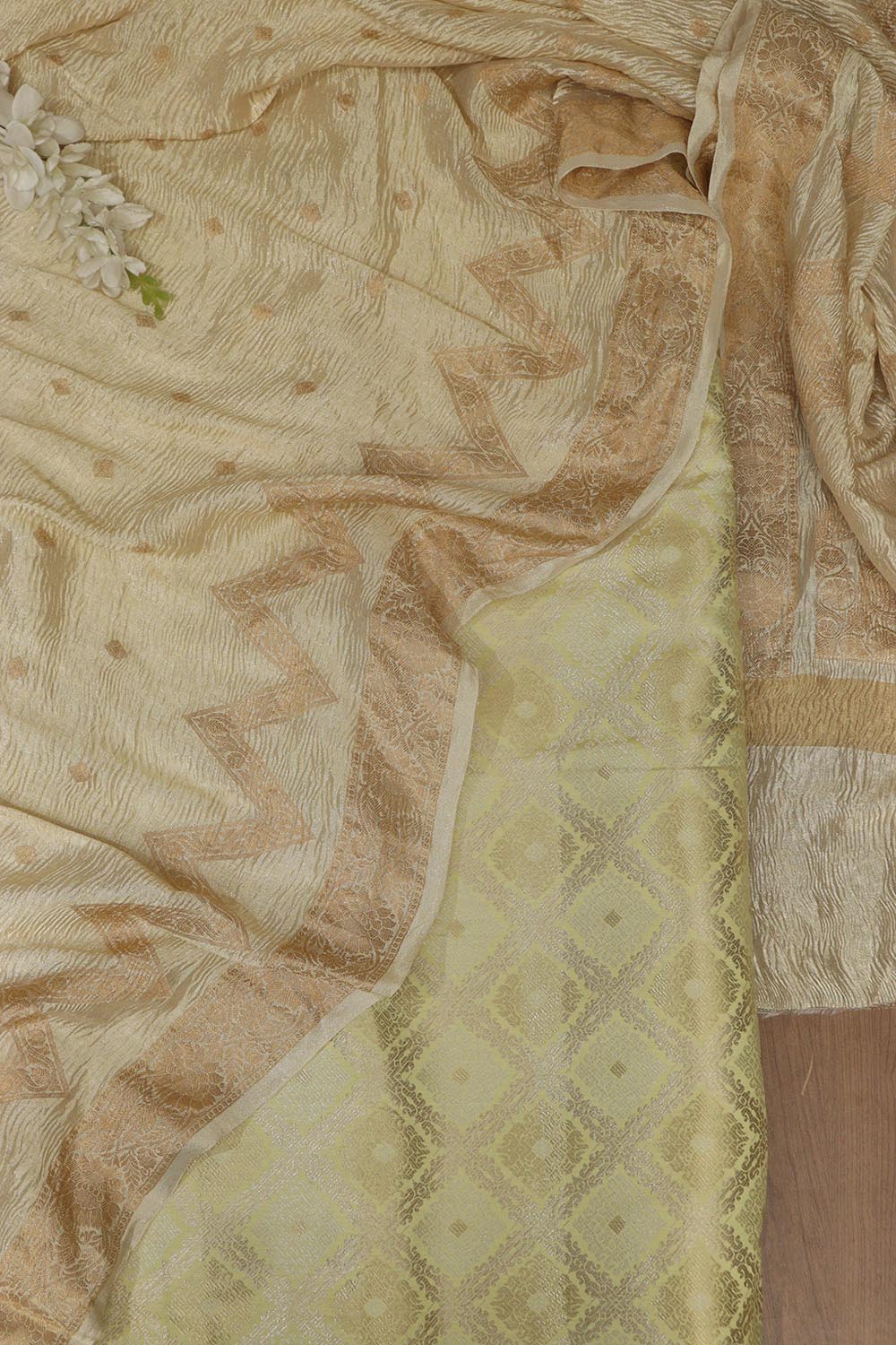 Yellow Banarasi Brocade Silk Suit With Dyeable Banarasi Handloom Pure Chiffon Crushed Booti Design Dupatta - Luxurion World