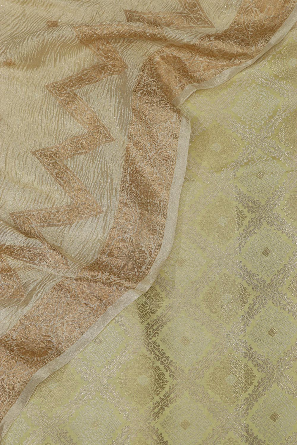 Yellow Banarasi Brocade Silk Suit With Dyeable Banarasi Handloom Pure Chiffon Crushed Booti Design Dupatta - Luxurion World