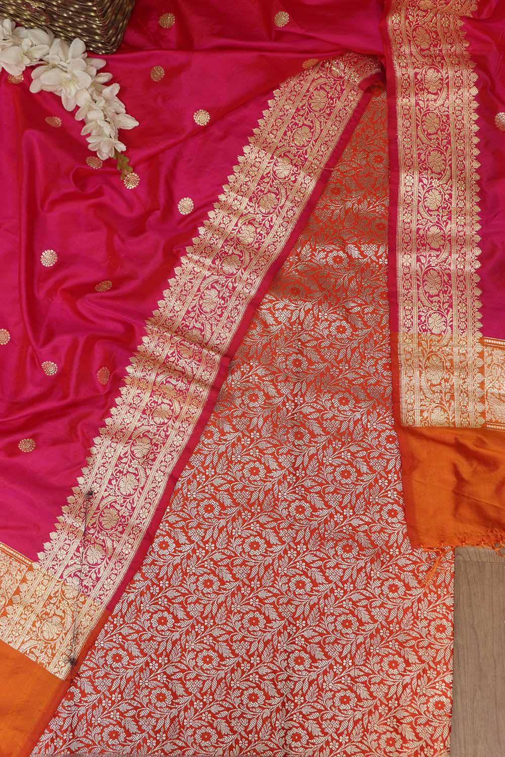 Orange Banarasi Silk Satin Zari Brocade Suit With Pink & Orange Handloom Banarasi Pure Katan Silk Dupatta - Luxurion World