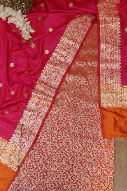 Orange Banarasi Silk Satin Zari Brocade Suit With Pink & Orange Handloom Banarasi Pure Katan Silk Dupatta - Luxurion World