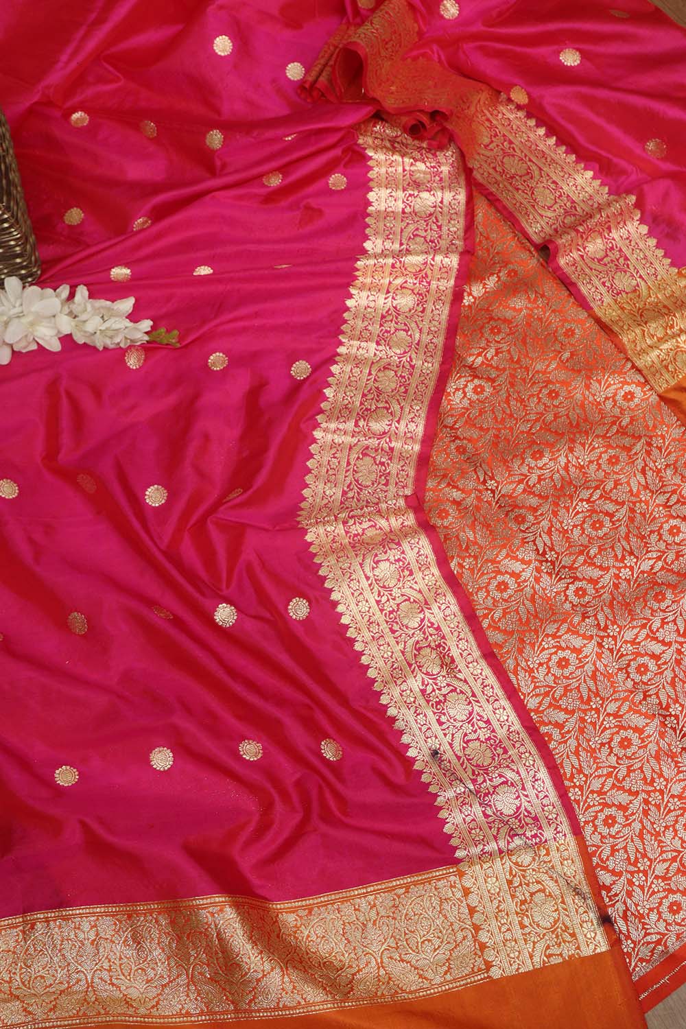 Orange Banarasi Silk Satin Zari Brocade Suit With Pink & Orange Handloom Banarasi Pure Katan Silk Dupatta - Luxurion World
