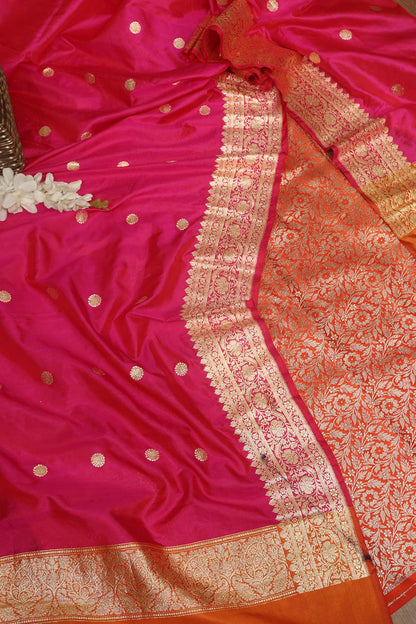 Orange Banarasi Silk Satin Zari Brocade Suit With Pink & Orange Handloom Banarasi Pure Katan Silk Dupatta - Luxurion World