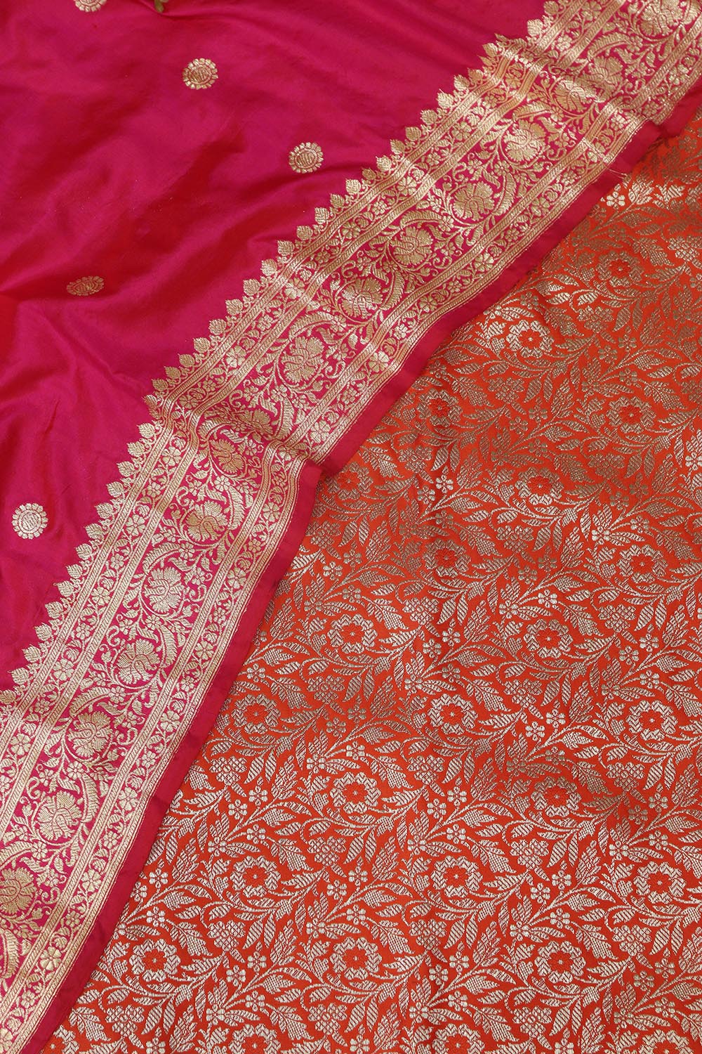 Orange Banarasi Silk Satin Zari Brocade Suit With Pink & Orange Handloom Banarasi Pure Katan Silk Dupatta - Luxurion World