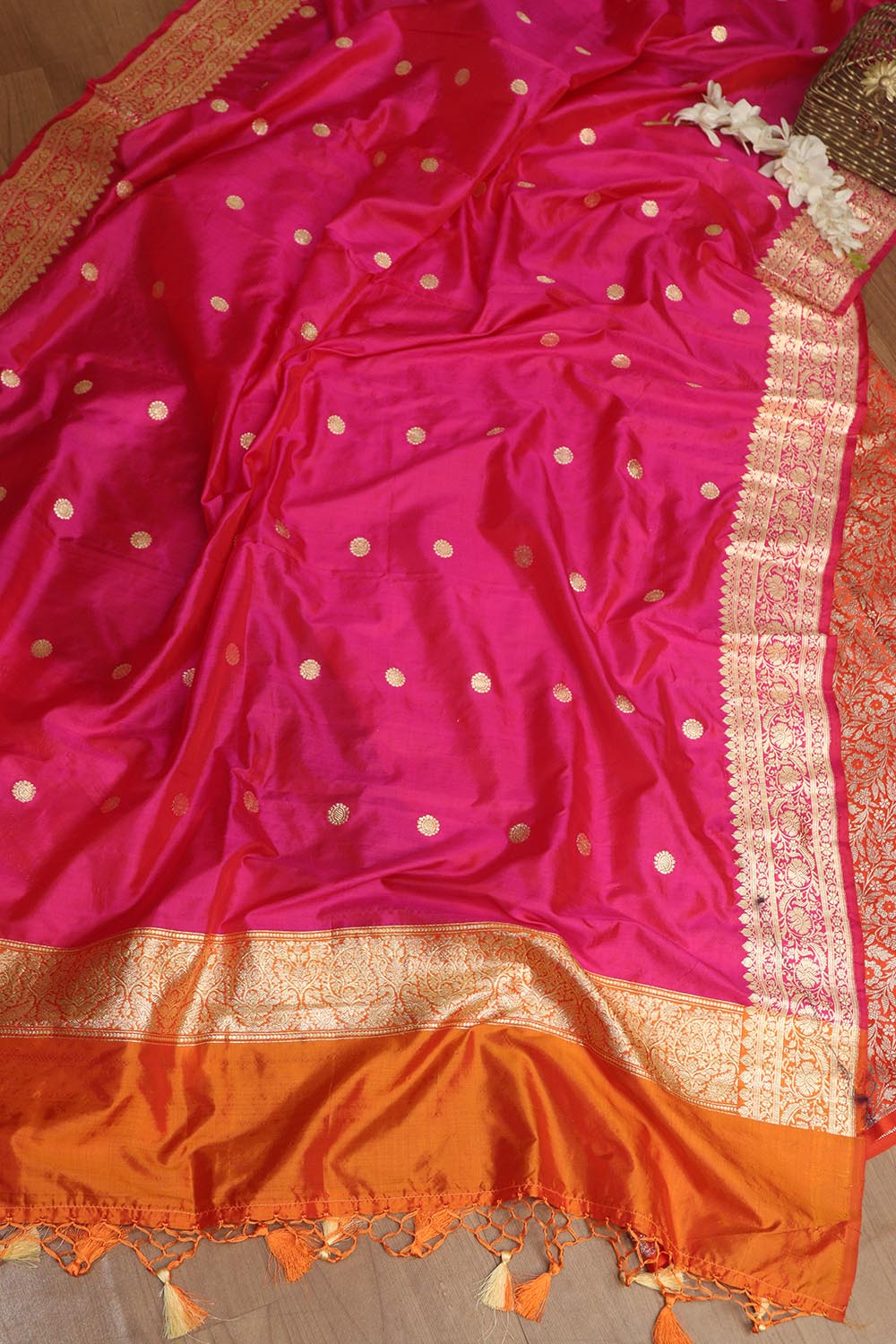 Orange Banarasi Silk Satin Zari Brocade Suit With Pink & Orange Handloom Banarasi Pure Katan Silk Dupatta - Luxurion World