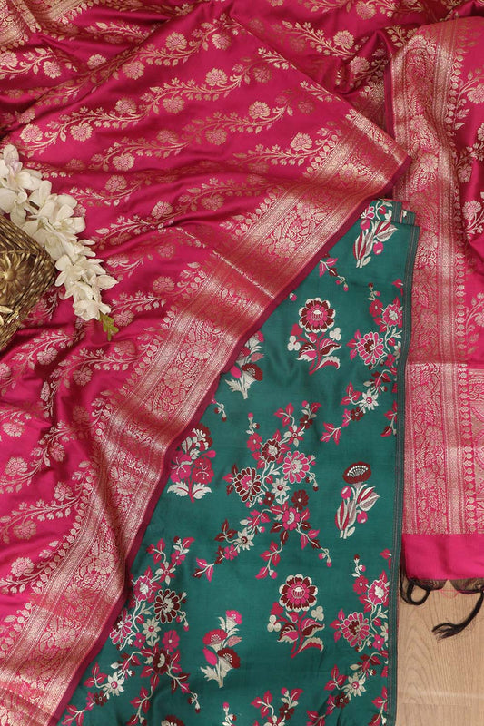 Green Banarasi Silk Meenakari Suit With Pink Banarasi Silk Meenakari Dupatta - Luxurion World