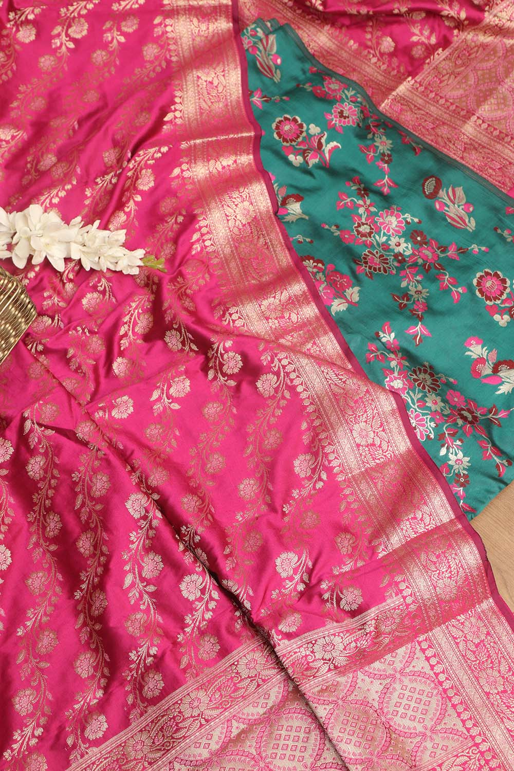 Green Banarasi Silk Meenakari Suit With Pink Banarasi Silk Meenakari Dupatta - Luxurion World