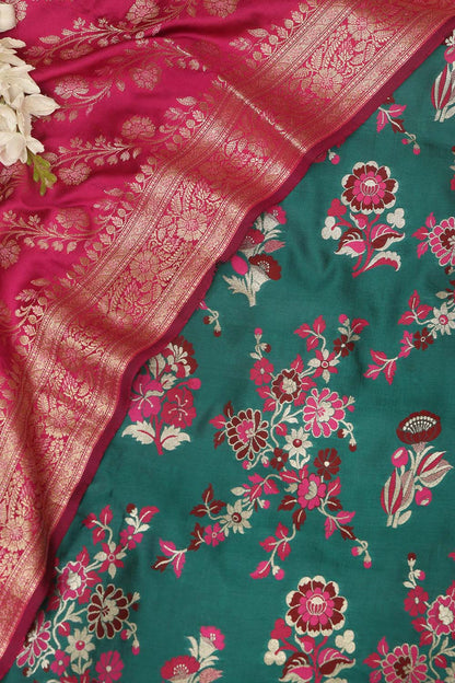 Green Banarasi Silk Meenakari Suit With Pink Banarasi Silk Meenakari Dupatta - Luxurion World