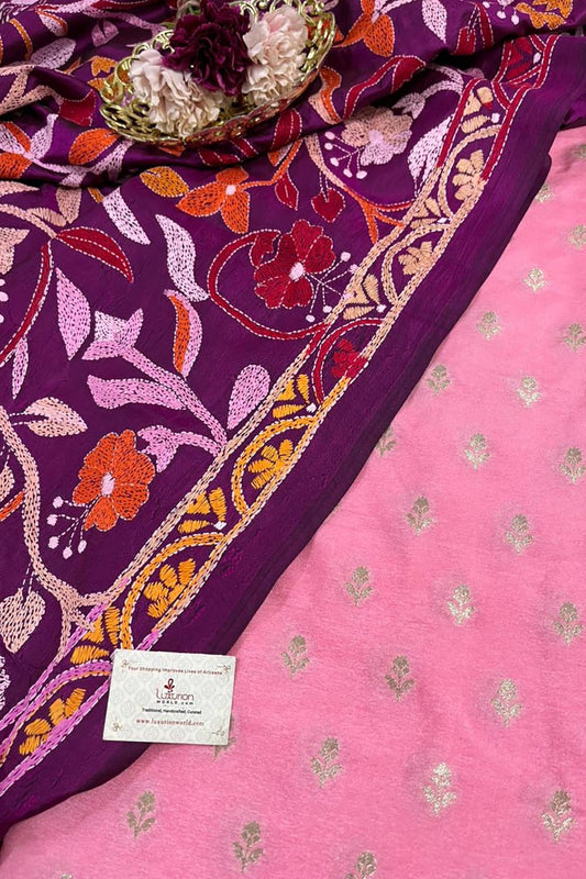 Stunning Pink Banarasi Dupion Silk Suit With Purple Hand Embroidered Kantha Banglore Silk Dupatta - Luxurion World