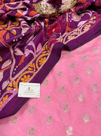 Stunning Pink Banarasi Dupion Silk Suit With Purple Hand Embroidered Kantha Banglore Silk Dupatta - Luxurion World