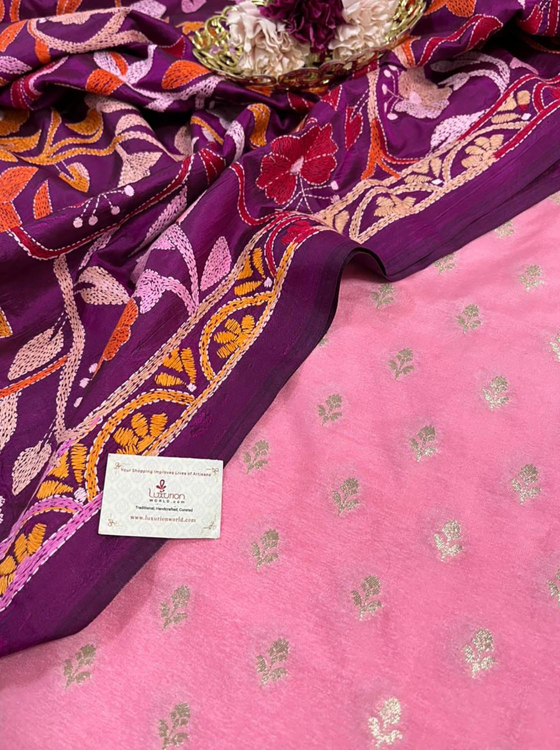 Stunning Pink Banarasi Dupion Silk Suit With Purple Hand Embroidered Kantha Banglore Silk Dupatta - Luxurion World