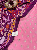 Stunning Pink Banarasi Dupion Silk Suit With Purple Hand Embroidered Kantha Banglore Silk Dupatta - Luxurion World