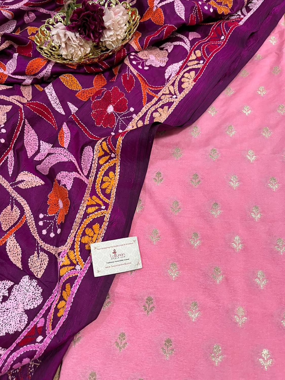 Stunning Pink Banarasi Dupion Silk Suit With Purple Hand Embroidered Kantha Banglore Silk Dupatta - Luxurion World