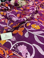 Stunning Pink Banarasi Dupion Silk Suit With Purple Hand Embroidered Kantha Banglore Silk Dupatta - Luxurion World