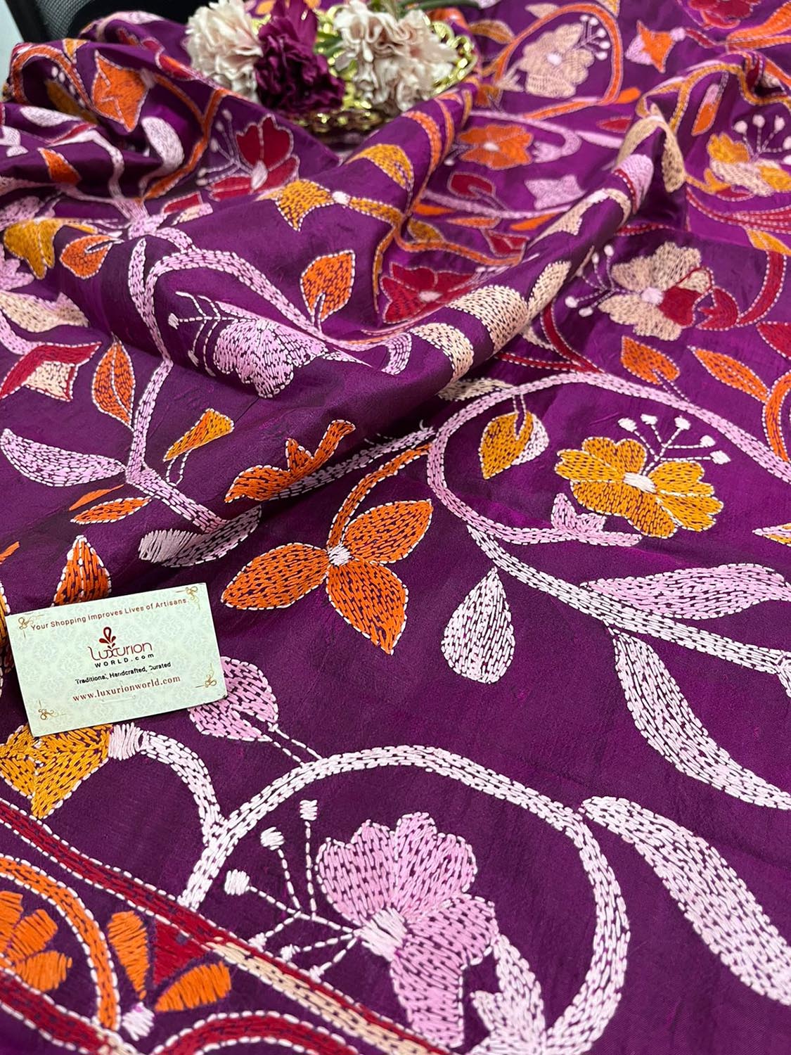 Stunning Pink Banarasi Dupion Silk Suit With Purple Hand Embroidered Kantha Banglore Silk Dupatta - Luxurion World
