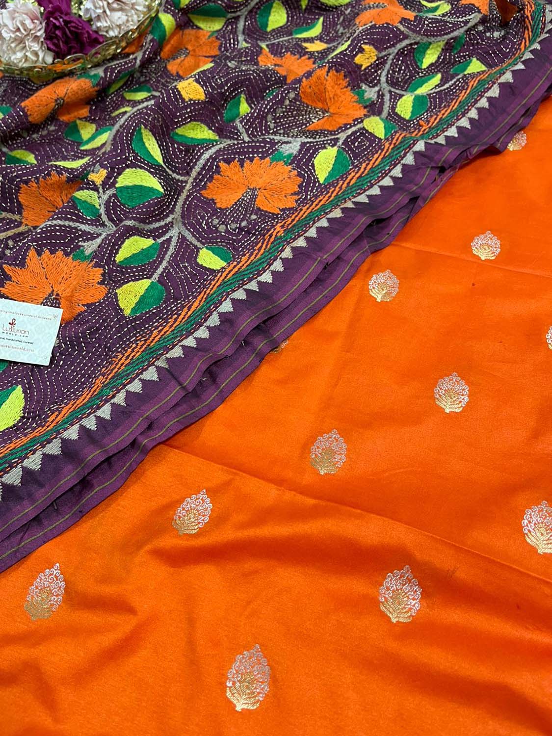 Orange Banarasi Silk Sona Roopa Suit With Purple Hand Embroidered Kantha Silk Dupatta - Luxurion World