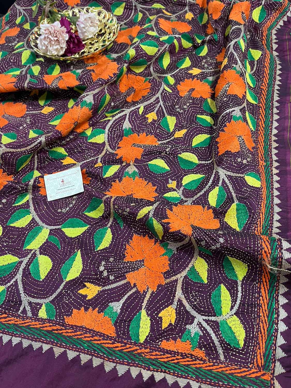 Orange Banarasi Silk Sona Roopa Suit With Purple Hand Embroidered Kantha Silk Dupatta - Luxurion World