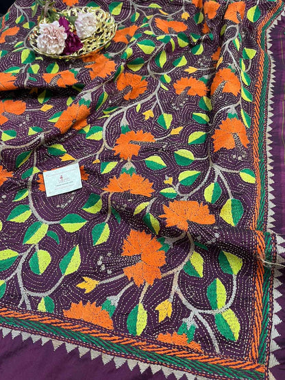 Orange Banarasi Silk Sona Roopa Suit With Purple Hand Embroidered Kantha Silk Dupatta - Luxurion World