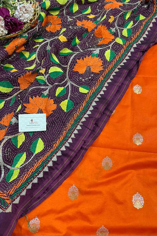 Orange Banarasi Silk Sona Roopa Suit With Purple Hand Embroidered Kantha Silk Dupatta - Luxurion World