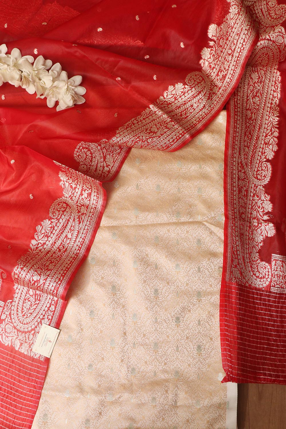 Elegant Pastel Banarasi Tanchui Silk Suit With Red Banarasi Organza Silk Dupatta - Luxurion World