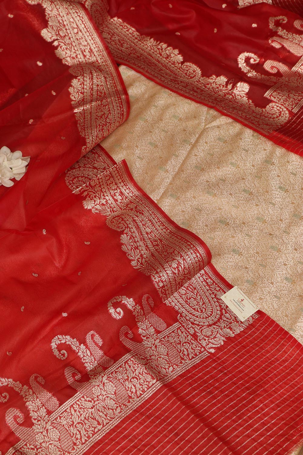Elegant Pastel Banarasi Tanchui Silk Suit With Red Banarasi Organza Silk Dupatta - Luxurion World