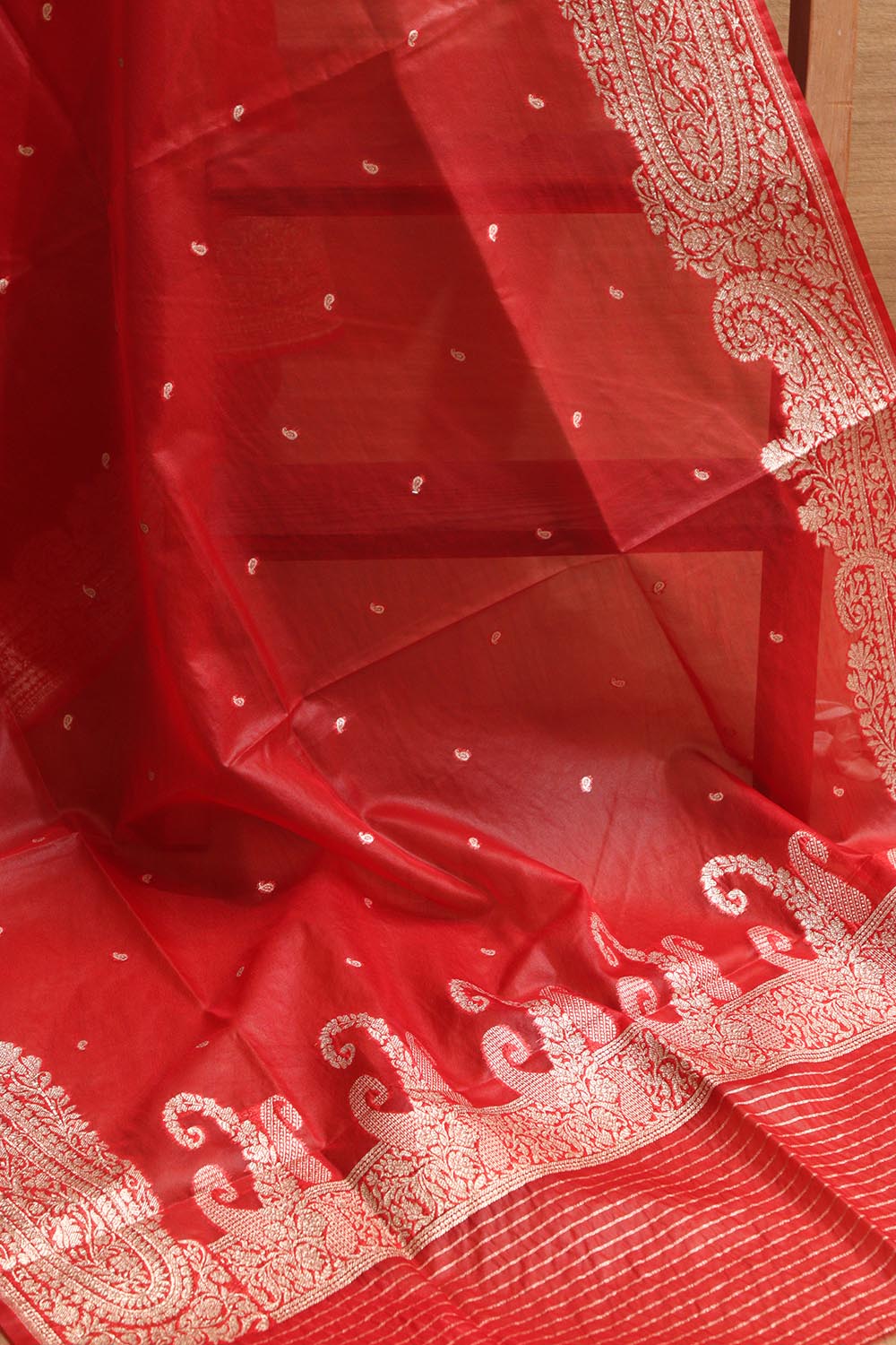 Elegant Pastel Banarasi Tanchui Silk Suit With Red Banarasi Organza Silk Dupatta - Luxurion World