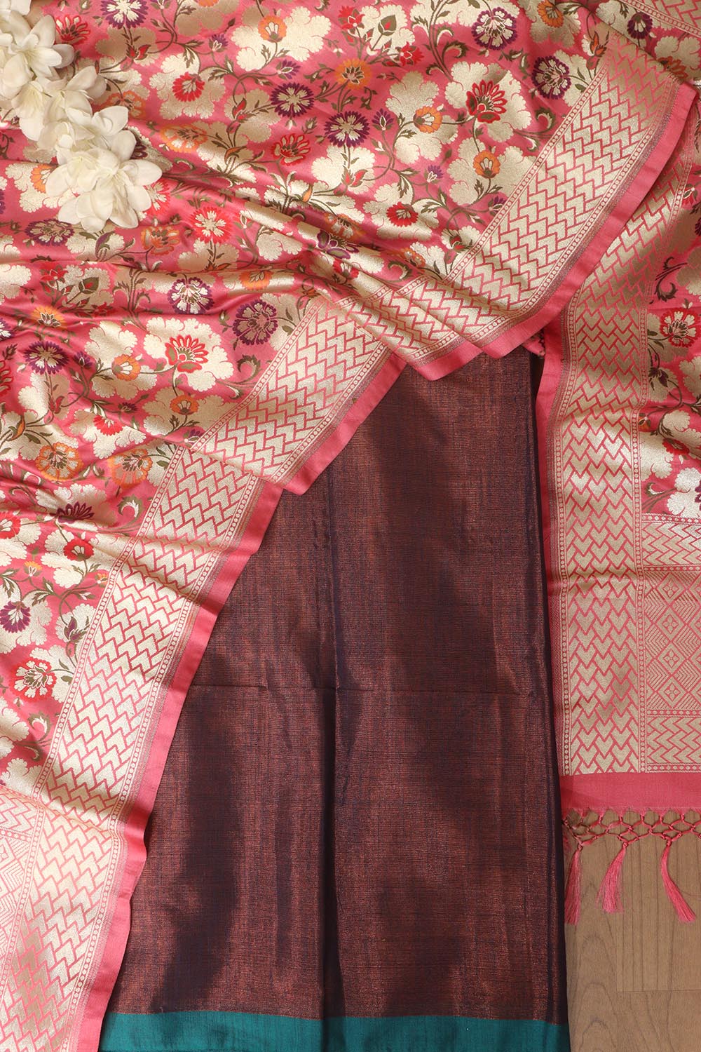 Elegant Brown Plain Tissue Cotton Suit With Banarasi Kimkhwab Design Silk Dupatta - Luxurion World