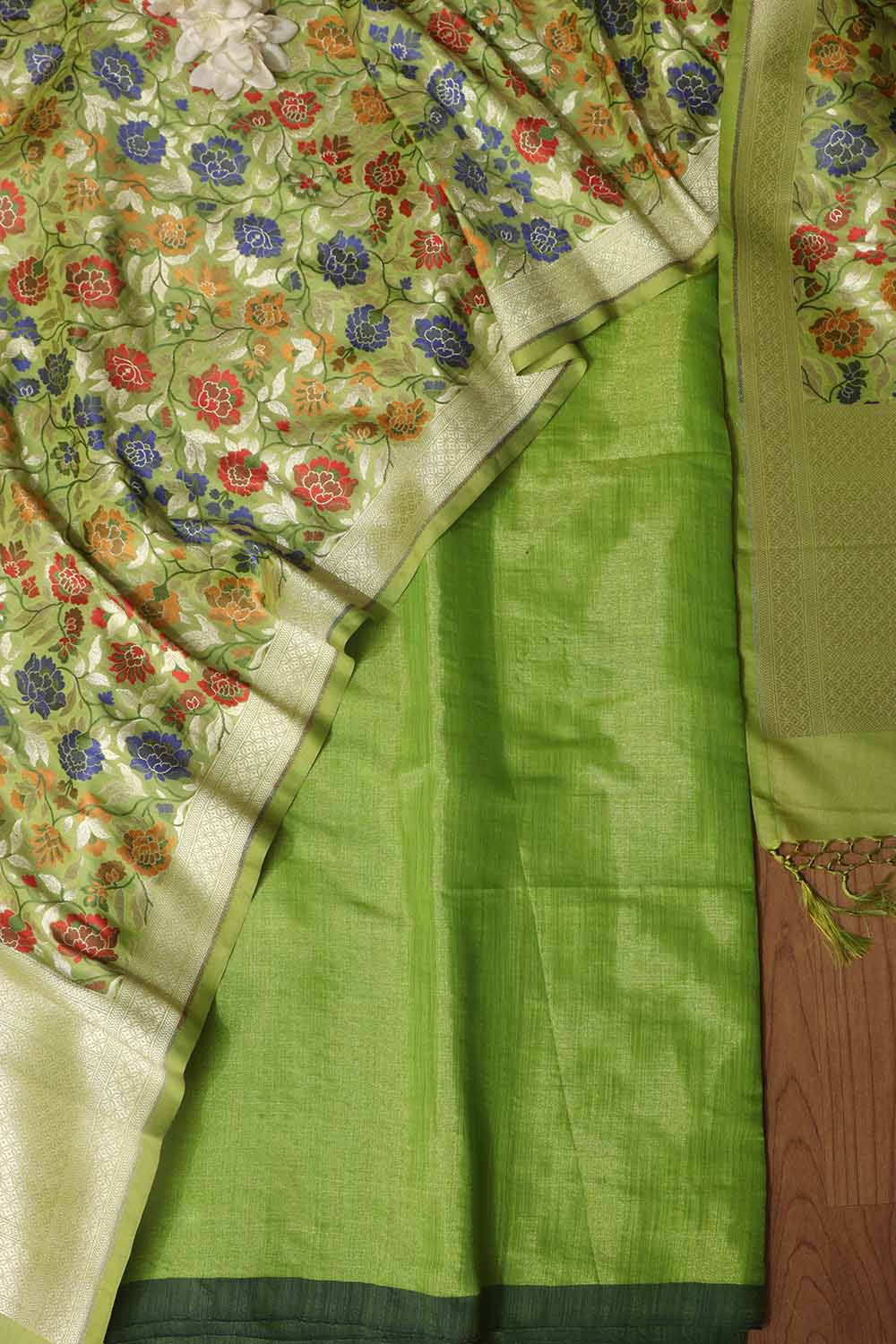Stunning Green Plain Tissue Cotton Suit With Banarasi Kimkhwab Design Silk Dupatta - Luxurion World