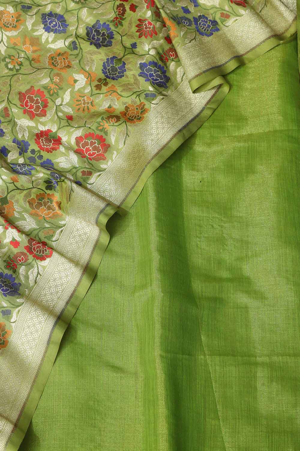 Stunning Green Plain Tissue Cotton Suit With Banarasi Kimkhwab Design Silk Dupatta - Luxurion World