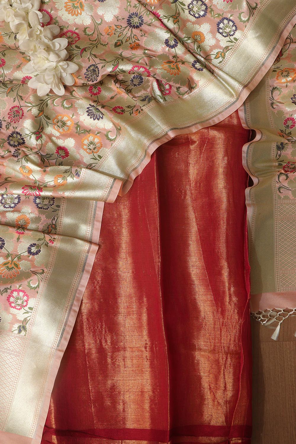 Stunning Pink Plain Tissue Cotton Suit With Banarasi Kimkhwab Design Silk Dupatta - Luxurion World