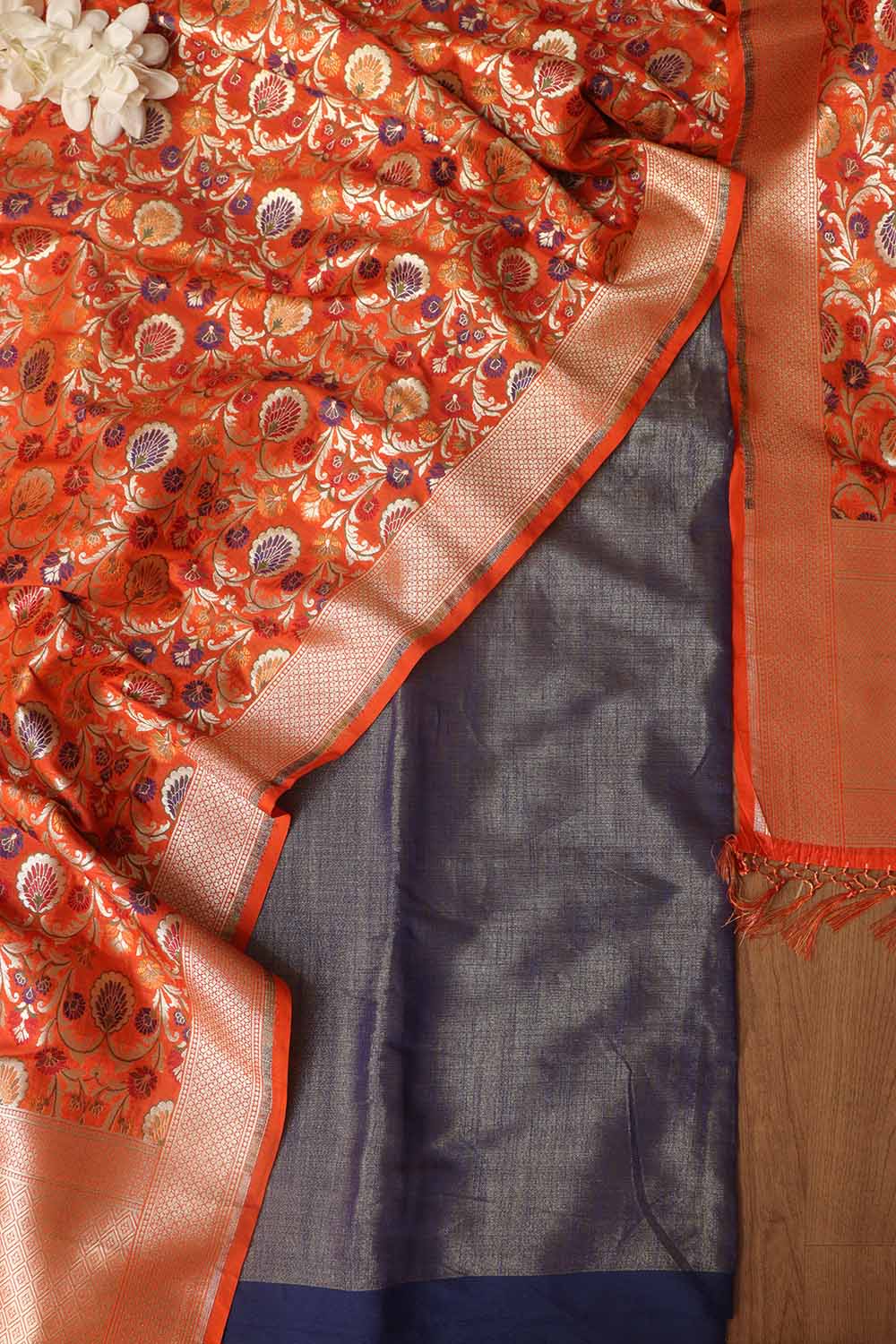 Elegant Blue Plain Tissue Cotton Suit With Banarasi Kimkhwab Design Silk Dupatta - Luxurion World