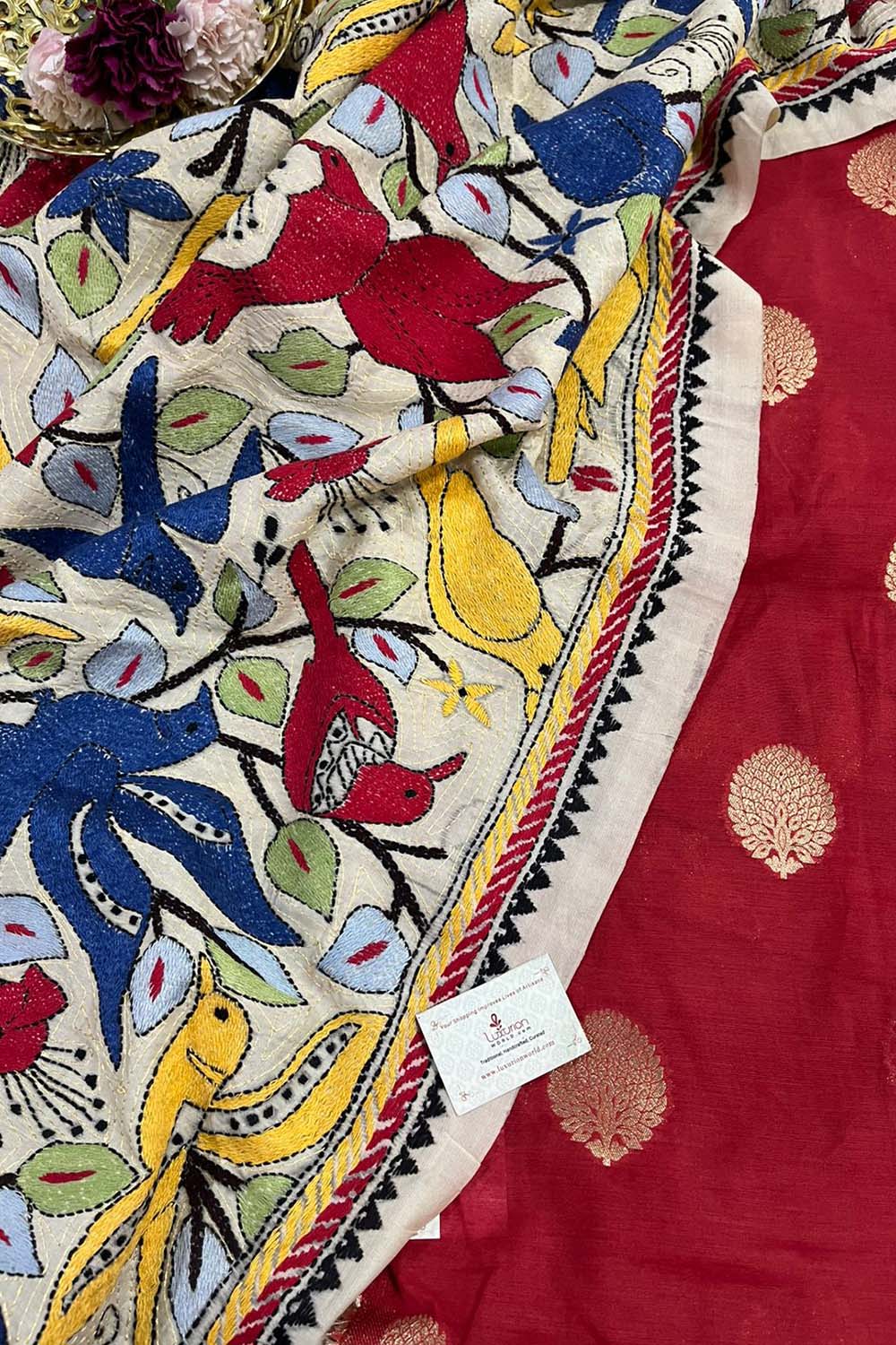 Red Banarasi Chanderi Silk Suit With Multicolor Kantha Tussar Silk Dupatta With Hand Embroidered Bird and Floral Design - Luxurion World