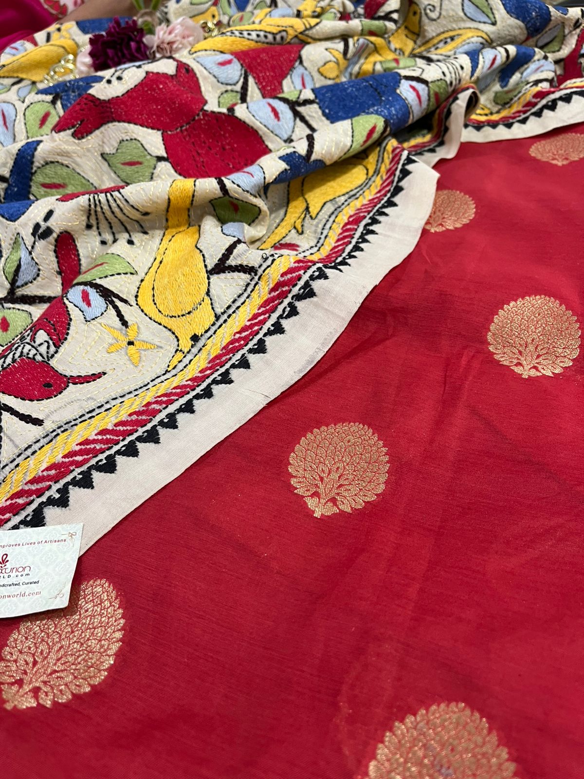 Red Banarasi Chanderi Silk Suit With Multicolor Kantha Tussar Silk Dupatta With Hand Embroidered Bird and Floral Design - Luxurion World