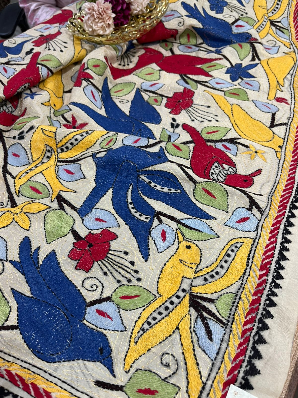 Red Banarasi Chanderi Silk Suit With Multicolor Kantha Tussar Silk Dupatta With Hand Embroidered Bird and Floral Design - Luxurion World