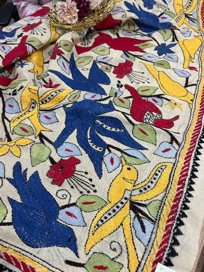 Red Banarasi Chanderi Silk Suit With Multicolor Kantha Tussar Silk Dupatta With Hand Embroidered Bird and Floral Design - Luxurion World