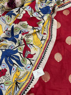 Red Banarasi Chanderi Silk Suit With Multicolor Kantha Tussar Silk Dupatta With Hand Embroidered Bird and Floral Design - Luxurion World