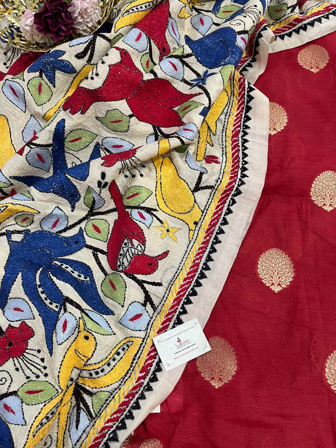Red Banarasi Chanderi Silk Suit With Multicolor Kantha Tussar Silk Dupatta With Hand Embroidered Bird and Floral Design - Luxurion World
