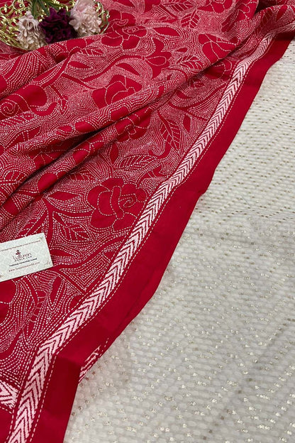 Dyeable Banarasi Cotton Silk Suit With Red Hand Embroidered Kantha Pure Bangalore Silk Dupatta - Luxurion World