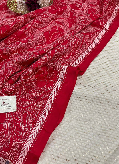 Dyeable Banarasi Cotton Silk Suit With Red Hand Embroidered Kantha Pure Bangalore Silk Dupatta - Luxurion World