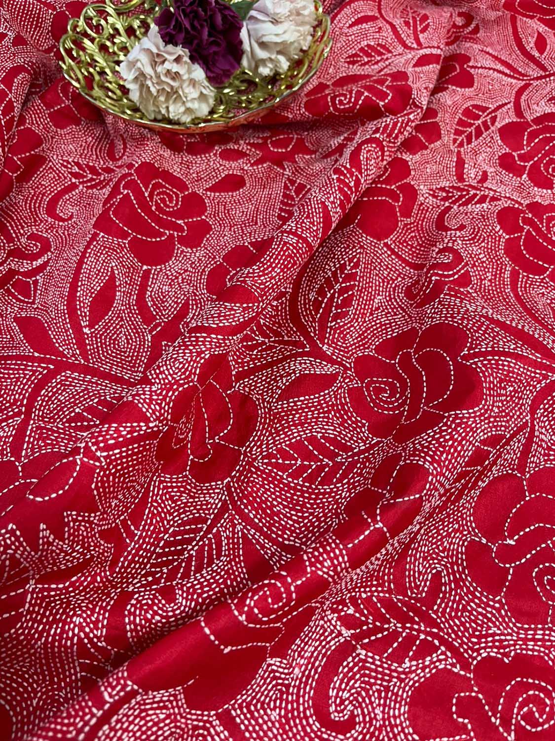 Dyeable Banarasi Cotton Silk Suit With Red Hand Embroidered Kantha Pure Bangalore Silk Dupatta - Luxurion World