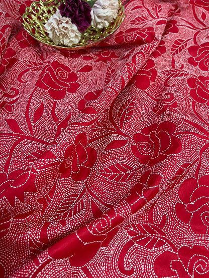 Dyeable Banarasi Cotton Silk Suit With Red Hand Embroidered Kantha Pure Bangalore Silk Dupatta - Luxurion World