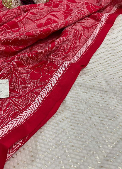Dyeable Banarasi Cotton Silk Suit With Red Hand Embroidered Kantha Pure Bangalore Silk Dupatta - Luxurion World