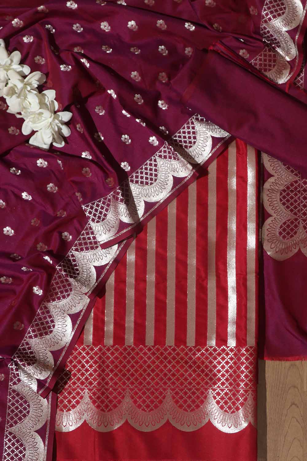 Red Banarasi Silk Three Piece Unstitch Suit Set - Elegant and Timeless - Luxurion World