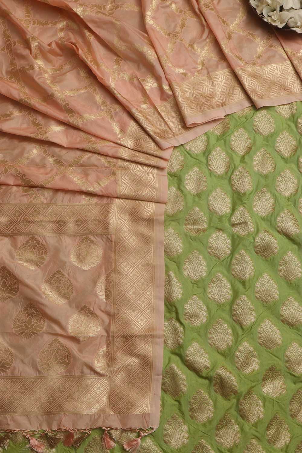 Stunning Green Banarasi Silk Suit With Pink Banarasi Silk Dupatta - Luxurion World