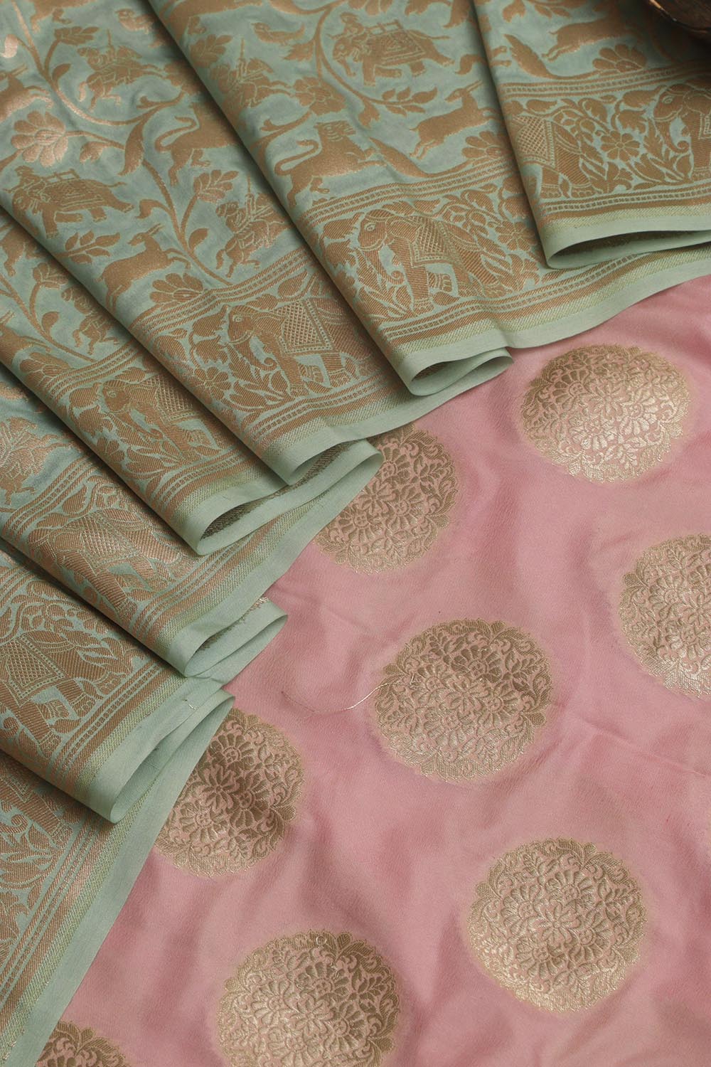 Stunning Pink Banarasi Silk Suit With Blue Banarasi Silk Dupatta - Luxurion World