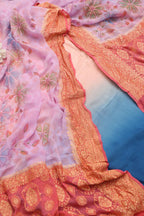 Pink And Blue Trendy Satin Silk Ombre Dye Suit With Purple Banarasi Handloom Pure Georgette Brush Dye Dupatta - Luxurion World